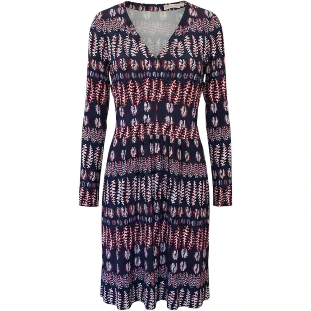 Tory Burch Navy Red Leaf Print V-Neck Long Sleeve Jersey Dress Small 51152494